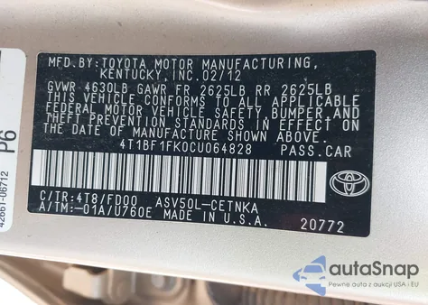 2012 Toyota Camry Le from USA, damaged, VIN 4T1BF1FK0CU064828